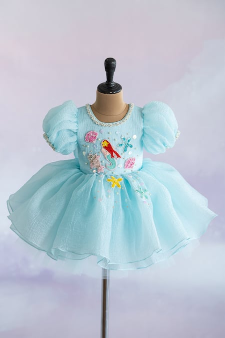 Buy Ruchika Lath Label Blue Silk Organza, Crepe Embroidery, Sequins Hand Mermaid Motif Dress Online at Aza Fashions Buy_Ruchika Lath Label_Blue Silk Organza, Crepe Embroidery, Sequins Hand Mermaid Motif Dress _Online_at_Aza_Fashions