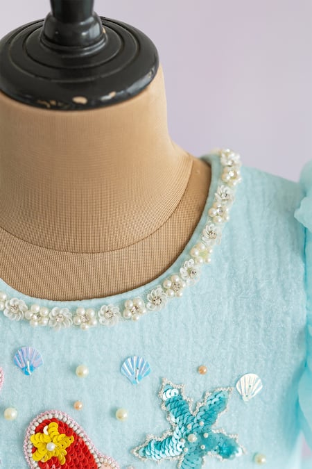 Shop Ruchika Lath Label Blue Silk Organza, Crepe Embroidery, Sequins Hand Mermaid Motif Dress Online at Aza Fashions Shop_Ruchika Lath Label_Blue Silk Organza, Crepe Embroidery, Sequins Hand Mermaid Motif Dress _Online_at_Aza_Fashions