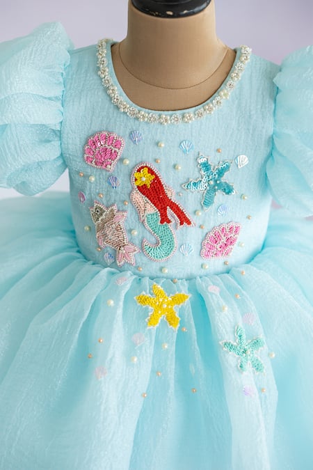 Ruchika Lath Label Blue Silk Organza, Crepe Embroidery, Sequins Hand Mermaid Motif Dress at Aza Fashions Ruchika Lath Label_Blue Silk Organza, Crepe Embroidery, Sequins Hand Mermaid Motif Dress _at_Aza_Fashions