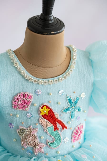 Buy Ruchika Lath Label Blue Silk Organza, Crepe Embroidery, Sequins Hand Mermaid Motif Dress Buy_Ruchika Lath Label_Blue Silk Organza, Crepe Embroidery, Sequins Hand Mermaid Motif Dress