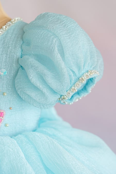 Shop Ruchika Lath Label Blue Silk Organza, Crepe Embroidery, Sequins Hand Mermaid Motif Dress Shop_Ruchika Lath Label_Blue Silk Organza, Crepe Embroidery, Sequins Hand Mermaid Motif Dress