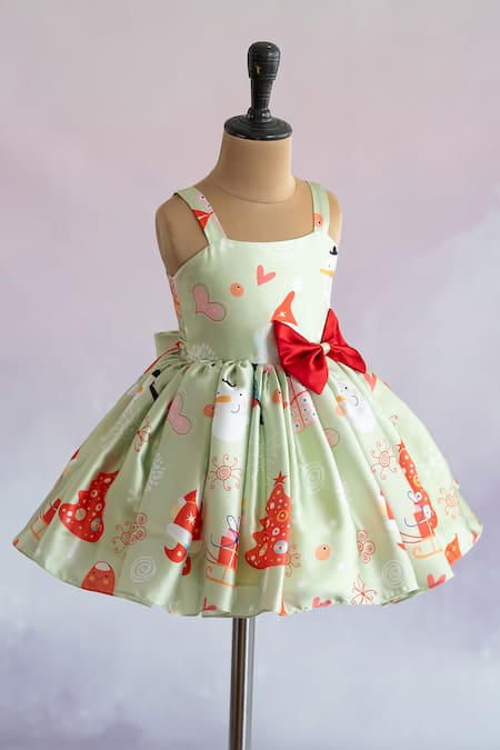 Ruchika lath label Green Japan Satin- Lining Butter Crepe Print Christmas Theme Dress 