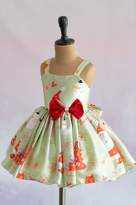 Buy Ruchika Lath Label Green Satin, Crepe Bows Christmas Theme Print Dress Online at Aza Fashions Buy_Ruchika Lath Label_Green Satin, Crepe Bows Christmas Theme Print Dress _Online_at_Aza_Fashions