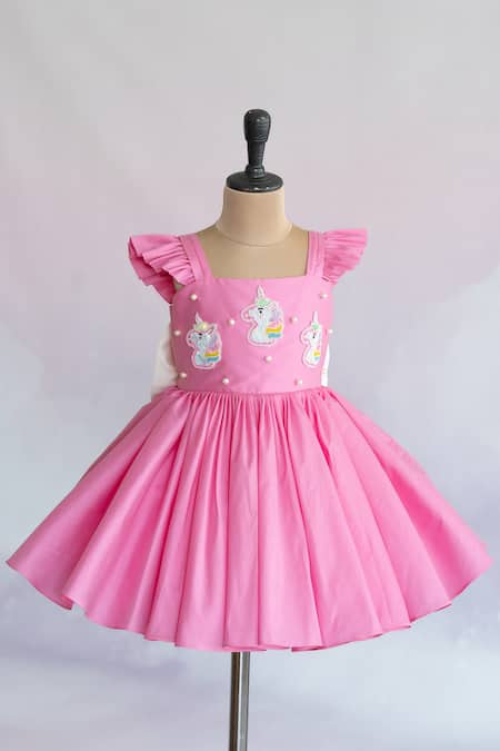 Ruchika Lath Label Pink Taffeta, Crepe Sequins, Beads, Pearls Unicorn Embroidered Dress Online at Aza Fashions Ruchika Lath Label_Pink Taffeta, Crepe Sequins, Beads, Pearls Unicorn Embroidered Dress _Online_at_Aza_Fashions