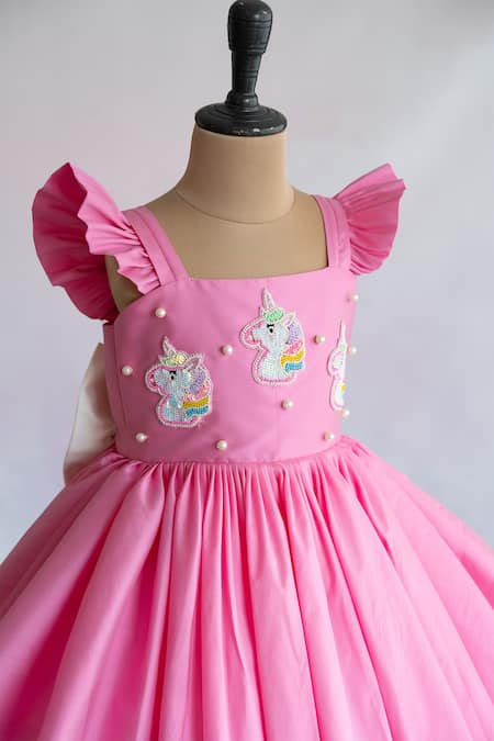 Ruchika Lath Label Pink Taffeta, Crepe Sequins, Beads, Pearls Unicorn Embroidered Dress at Aza Fashions Ruchika Lath Label_Pink Taffeta, Crepe Sequins, Beads, Pearls Unicorn Embroidered Dress _at_Aza_Fashions