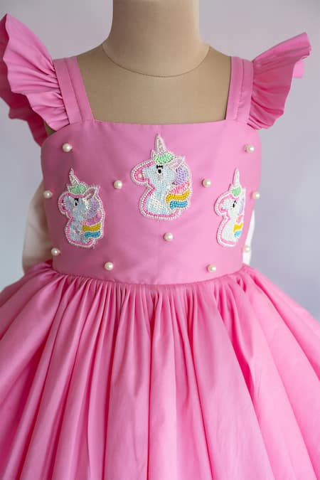 Buy Ruchika Lath Label Pink Taffeta, Crepe Sequins, Beads, Pearls Unicorn Embroidered Dress Buy_Ruchika Lath Label_Pink Taffeta, Crepe Sequins, Beads, Pearls Unicorn Embroidered Dress