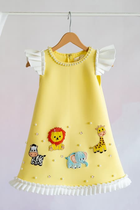 Ruchika lath label Yellow Scuba Embroidery Animal Motif- Pearl- Sequin Dress 