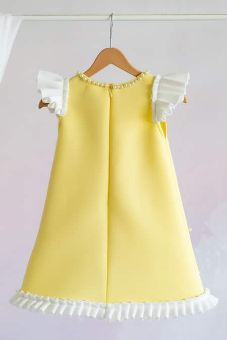 Shop_Ruchika Lath Label_Yellow Neoprene Sequins, Pearls Animal Motif Embroidered Dress _at_Aza_Fashions