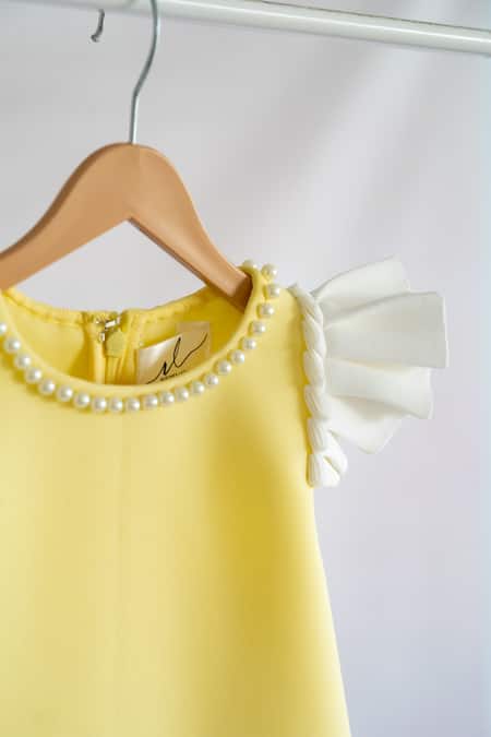 Ruchika Lath Label_Yellow Neoprene Sequins, Pearls Animal Motif Embroidered Dress _Online_at_Aza_Fashions