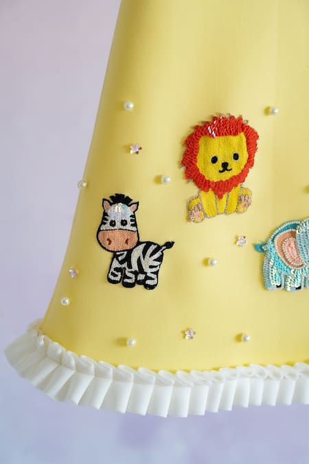 Shop_Ruchika Lath Label_Yellow Neoprene Sequins, Pearls Animal Motif Embroidered Dress _Online_at_Aza_Fashions