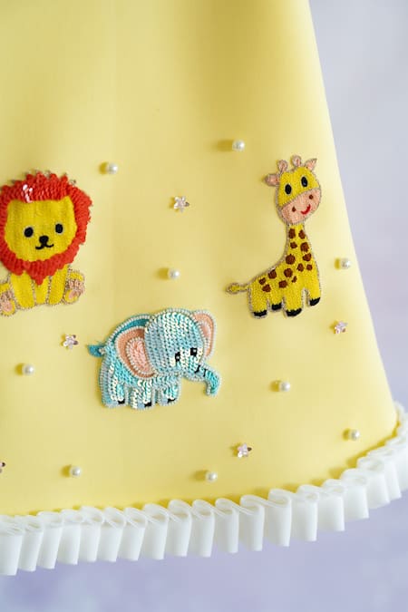 Ruchika Lath Label_Yellow Neoprene Sequins, Pearls Animal Motif Embroidered Dress _at_Aza_Fashions