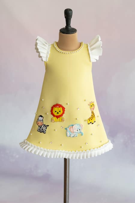 Buy_Ruchika Lath Label_Yellow Neoprene Sequins, Pearls Animal Motif Embroidered Dress 