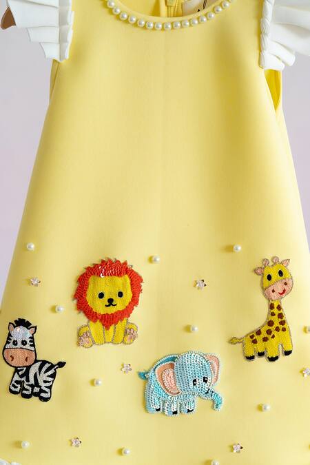 Shop_Ruchika Lath Label_Yellow Neoprene Sequins, Pearls Animal Motif Embroidered Dress 