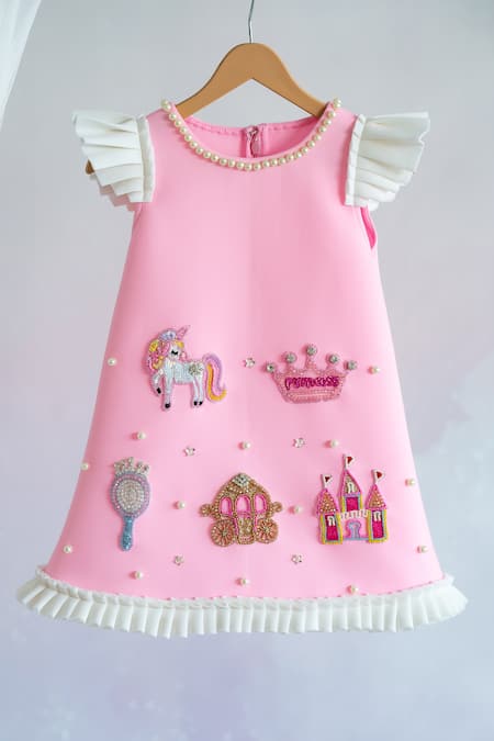 Ruchika lath label Pink Scuba Embroidery Crown- Castle- Carriage- Crystal Princess Motif Dress 