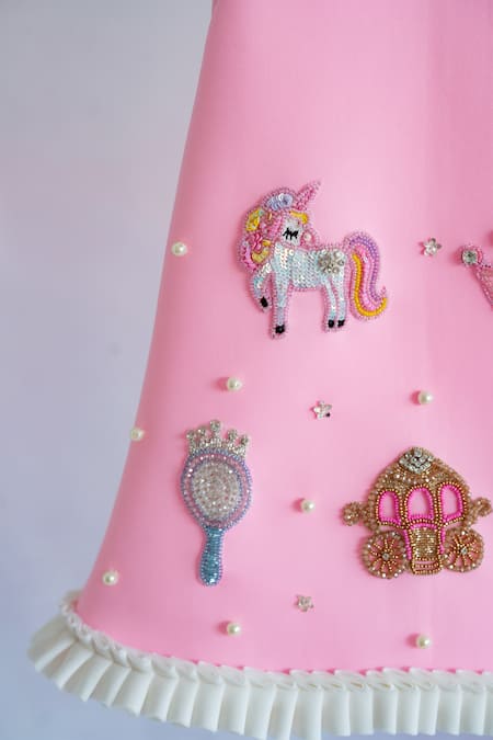 Ruchika Lath Label_Pink Neoprene Beads, Crystals, Pearls Princess Motif Embroidered Dress _Online_at_Aza_Fashions