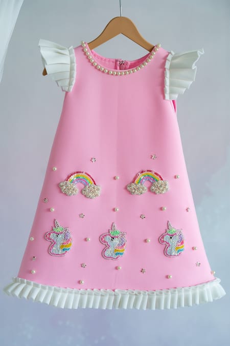 Ruchika lath label Pink Scuba Embroidery Sequins- Crystal- Beads- Rainbow- Unicorn A-line Dress 