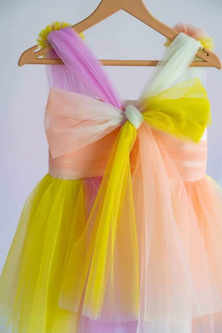 Ruchika Lath Label_Multi Color Tulle, Crepe Fabric Flowers Block Draped Dress _Online_at_Aza_Fashions