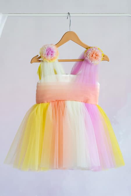 Buy_Ruchika Lath Label_Multi Color Tulle, Crepe Fabric Flowers Block Draped Dress _Online_at_Aza_Fashions