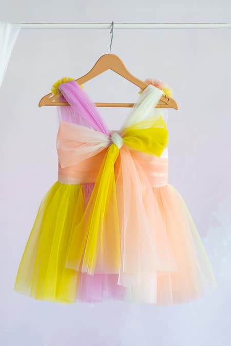 Shop_Ruchika Lath Label_Multi Color Tulle, Crepe Fabric Flowers Block Draped Dress _Online_at_Aza_Fashions