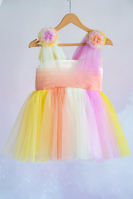 Ruchika Lath Label_Multi Color Tulle, Crepe Fabric Flowers Block Draped Dress _at_Aza_Fashions