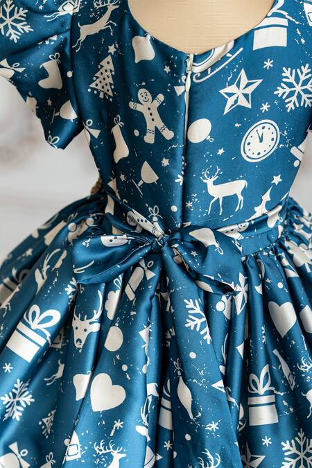 Ruchika Lath Label_Blue Satin, Crepe Sequins Snow Flake Print Dress _Online_at_Aza_Fashions