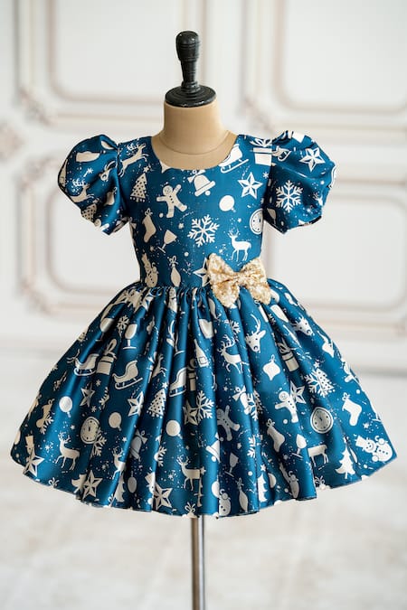 Shop_Ruchika Lath Label_Blue Satin, Crepe Sequins Snow Flake Print Dress _Online_at_Aza_Fashions
