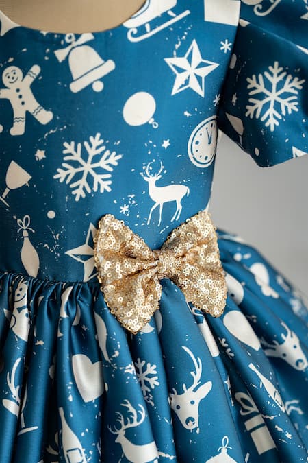 Buy_Ruchika Lath Label_Blue Satin, Crepe Sequins Snow Flake Print Dress 