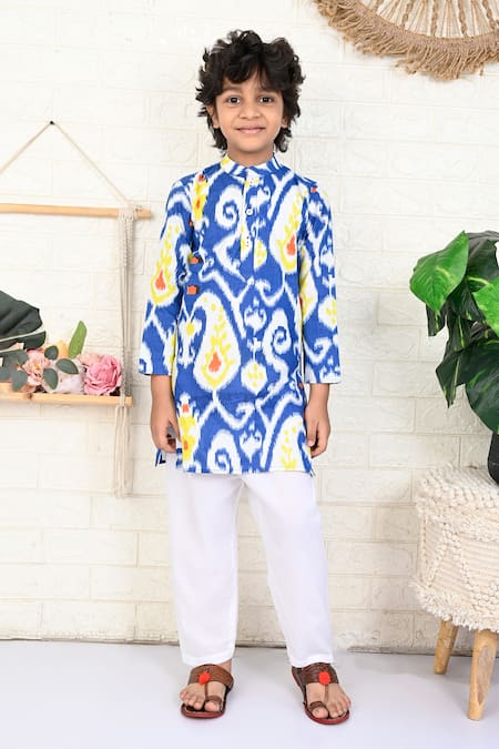 THE COTTON STAPLE Blue Cotton Printed Ikat Topaz Paisley Kurta And Pant Set 