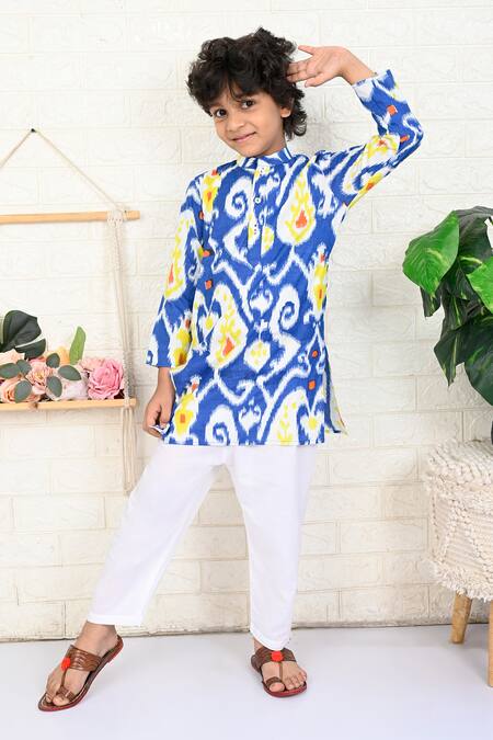 Buy THE COTTON STAPLE Blue Cotton Topaz Ikat Paisley Print Kurta And Pant Set Online at Aza Fashions Buy_THE COTTON STAPLE_Blue Cotton Topaz Ikat Paisley Print Kurta And Pant Set _Online_at_Aza_Fashions