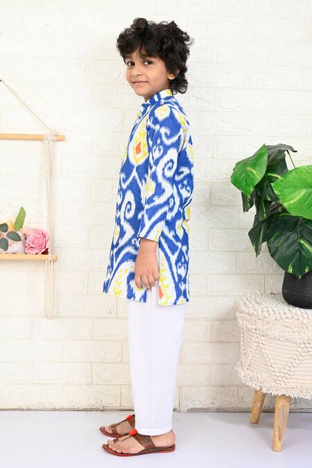 Shop THE COTTON STAPLE Blue Cotton Topaz Ikat Paisley Print Kurta And Pant Set Online at Aza Fashions Shop_THE COTTON STAPLE_Blue Cotton Topaz Ikat Paisley Print Kurta And Pant Set _Online_at_Aza_Fashions