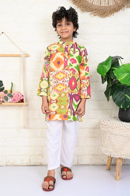 THE COTTON STAPLE Multi Color Cotton Printed Ikat Macron Kurta And Pant Set 