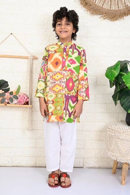 Shop THE COTTON STAPLE Multi Color Cotton Macron Ikat Print Kurta And Pant Set Online at Aza Fashions Shop_THE COTTON STAPLE_Multi Color Cotton Macron Ikat Print Kurta And Pant Set _Online_at_Aza_Fashions