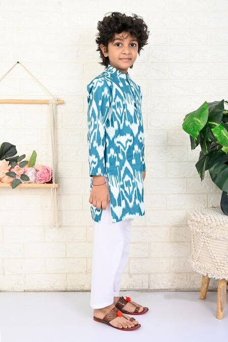 Shop_The Cotton Staple_Blue Cotton Robin Ikat Print Band Collar Kurta And Pant Set _Online_at_Aza_Fashions
