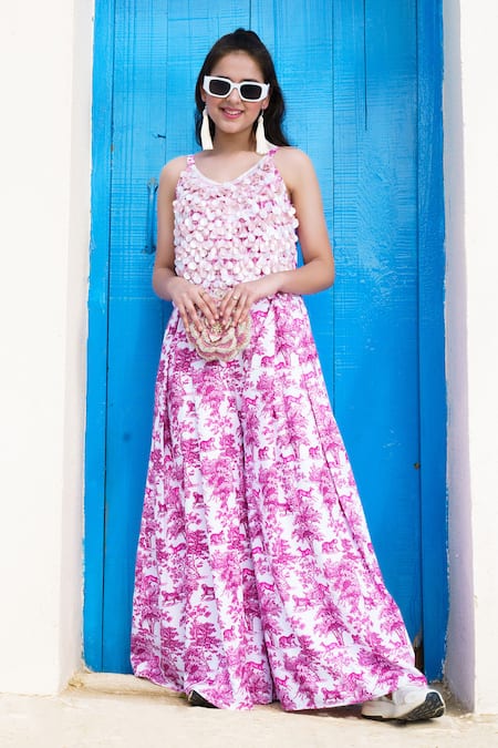 Shop_Hoity Moppet_Pink Georgette Sequins Amor Botanical Print Jumpsuit _at_Aza_Fashions