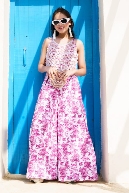 Buy_Hoity Moppet_Pink Georgette Sequins Amor Botanical Print Jumpsuit _Online_at_Aza_Fashions