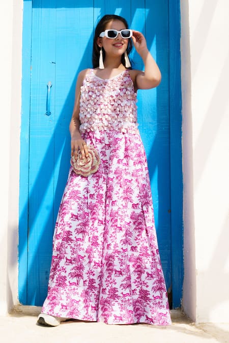 Shop_Hoity Moppet_Pink Georgette Sequins Amor Botanical Print Jumpsuit _Online_at_Aza_Fashions