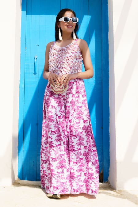 Hoity Moppet_Pink Georgette Sequins Amor Botanical Print Jumpsuit _at_Aza_Fashions