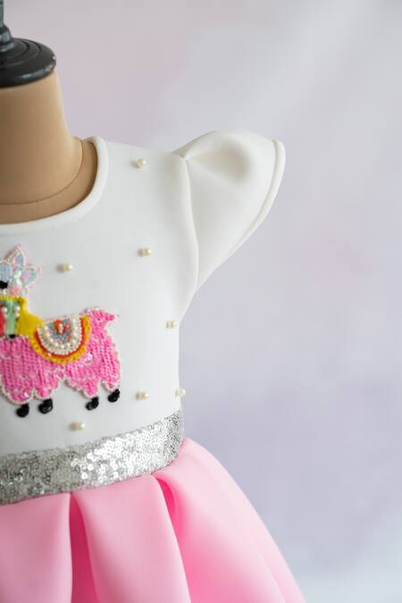 Shop_Ruchika Lath Label_Off White Scuba Embroidery Llama- Beads- Sequin- Pearl Dress _Online_at_Aza_Fashions