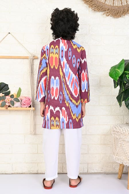 Shop THE COTTON STAPLE Magenta Cotton Embroidery Rouge Paisley Ikat Print Kurta And Pant Set at Aza Fashions Shop_THE COTTON STAPLE_Magenta Cotton Embroidery Rouge Paisley Ikat Print Kurta And Pant Set _at_Aza_Fashions