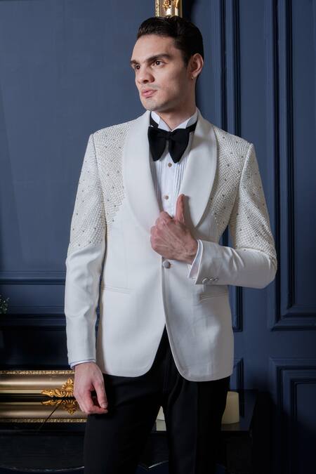 Shop_Amrit Dawani_Ivory Polyester, Cotton Cut Work Cutpipe Detailed Tuxedo Set _Online_at_Aza_Fashions