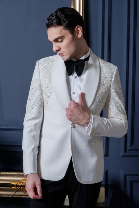 Amrit Dawani_Ivory Polyester, Cotton Cut Work Cutpipe Detailed Tuxedo Set _at_Aza_Fashions