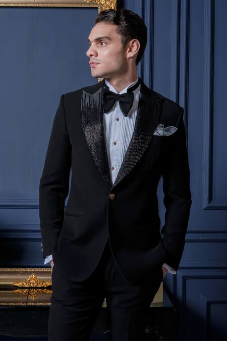 Shop_Amrit Dawani_Black Polyester, Cotton Midnight Elegance Cutpipe Detailed Tuxedo Pant Set _Online_at_Aza_Fashions