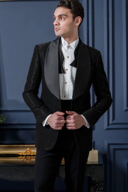 Buy_Amrit Dawani_Black Polyester, Cotton Beads, Cut Work Opulent Cutpipe Detailed Tuxedo Pant Set _Online_at_Aza_Fashions