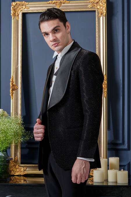 Shop_Amrit Dawani_Black Polyester, Cotton Beads, Cut Work Opulent Cutpipe Detailed Tuxedo Pant Set _Online_at_Aza_Fashions