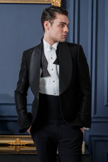 Amrit Dawani_Black Polyester, Cotton Beads, Cut Work Opulent Cutpipe Detailed Tuxedo Pant Set _at_Aza_Fashions