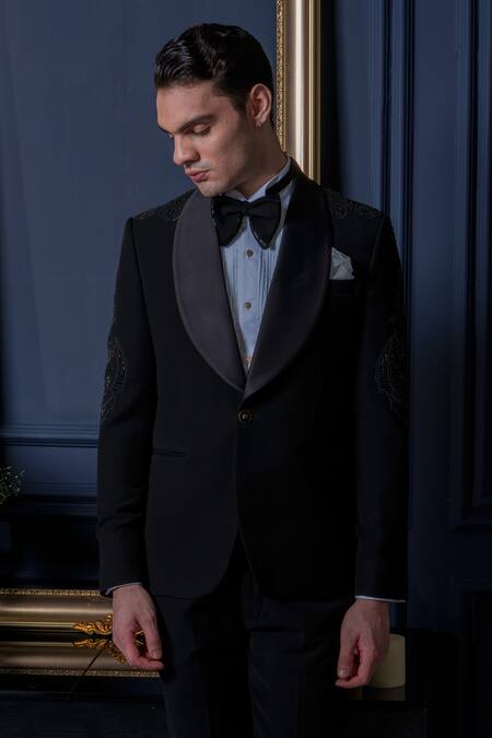 Shop_Amrit Dawani_White Cotton, Polyester Sequins, Beads, Black Celestial Moon Motif Tuxedo Set _Online_at_Aza_Fashions