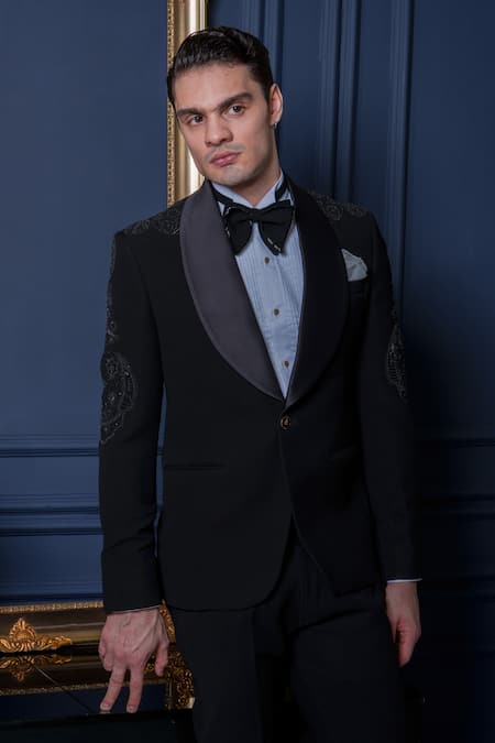 Amrit Dawani_White Cotton, Polyester Sequins, Beads, Black Celestial Moon Motif Tuxedo Set _at_Aza_Fashions