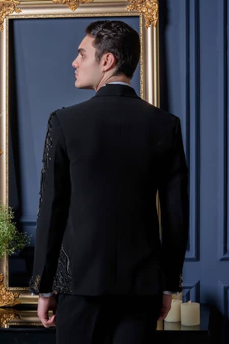 Amrit Dawani_Black Cotton, Polyester Beads, Zari 3d Elegance Tuxedo Pant Set _Online_at_Aza_Fashions