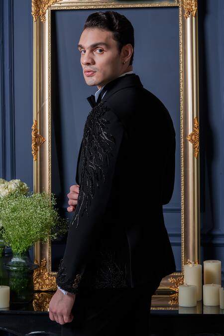 Shop_Amrit Dawani_Black Cotton, Polyester Beads, Zari 3d Elegance Tuxedo Pant Set _Online_at_Aza_Fashions