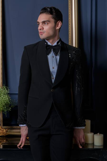 Amrit Dawani_Black Cotton, Polyester Beads, Zari 3d Elegance Tuxedo Pant Set _at_Aza_Fashions